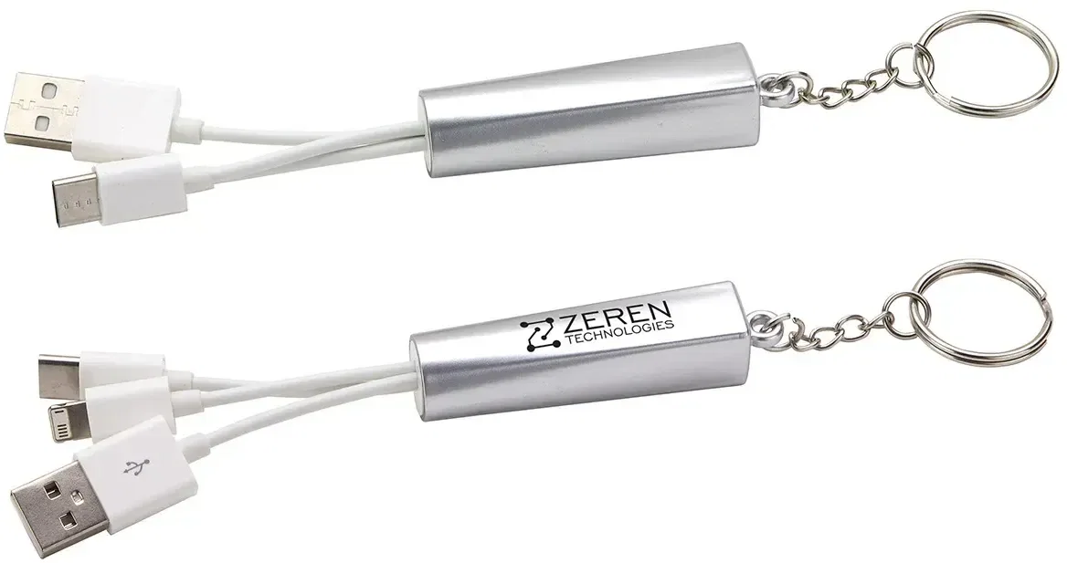 Close-up of the glowing keychain on the custom Trey 3-in-1 charging cable