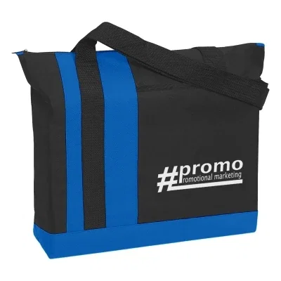 Black tote bag with contrasting bands across the front