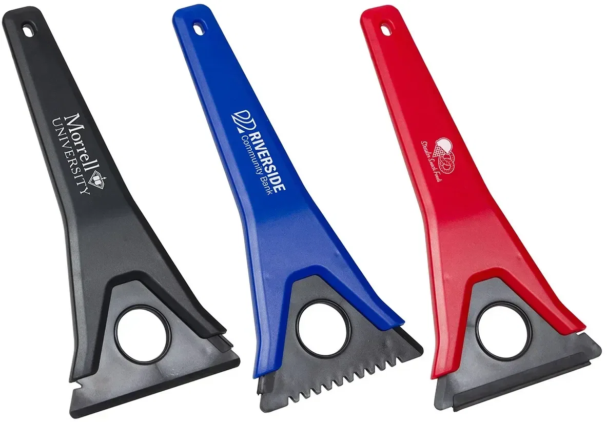 Tri-Blade windshield ice scraper, custom branded winter scraper tool, front hero view