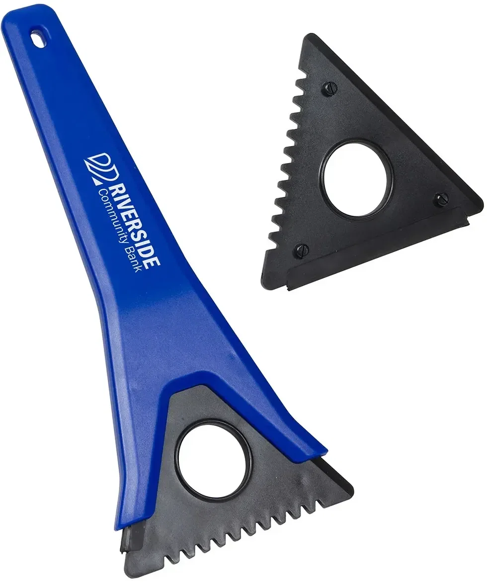 Promotional branded Tri-Blade scraper showing scraper, chipper and squeegee blades, detail view
