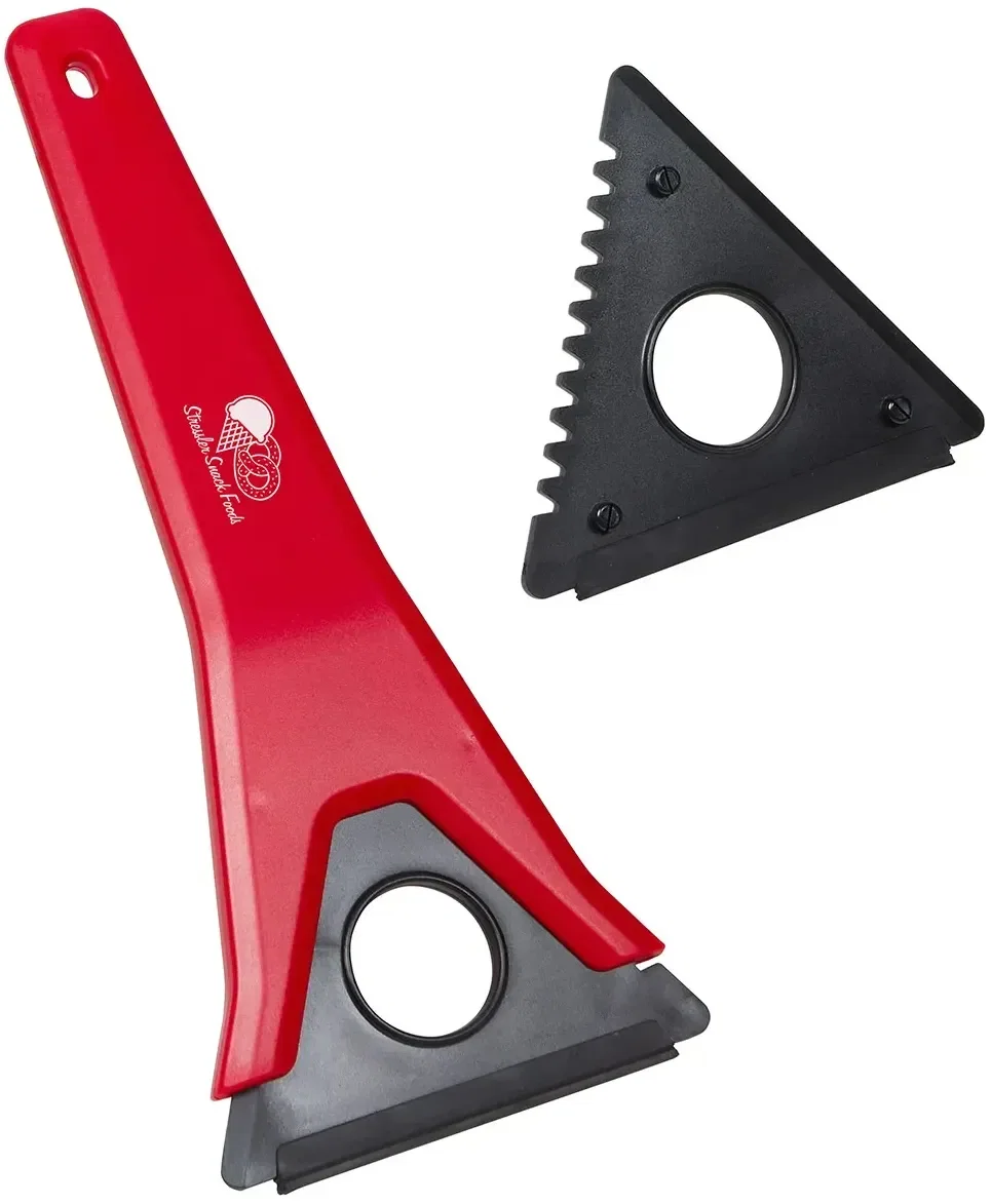 Branded Tri-Blade windshield scraper clearing frost, in-use view