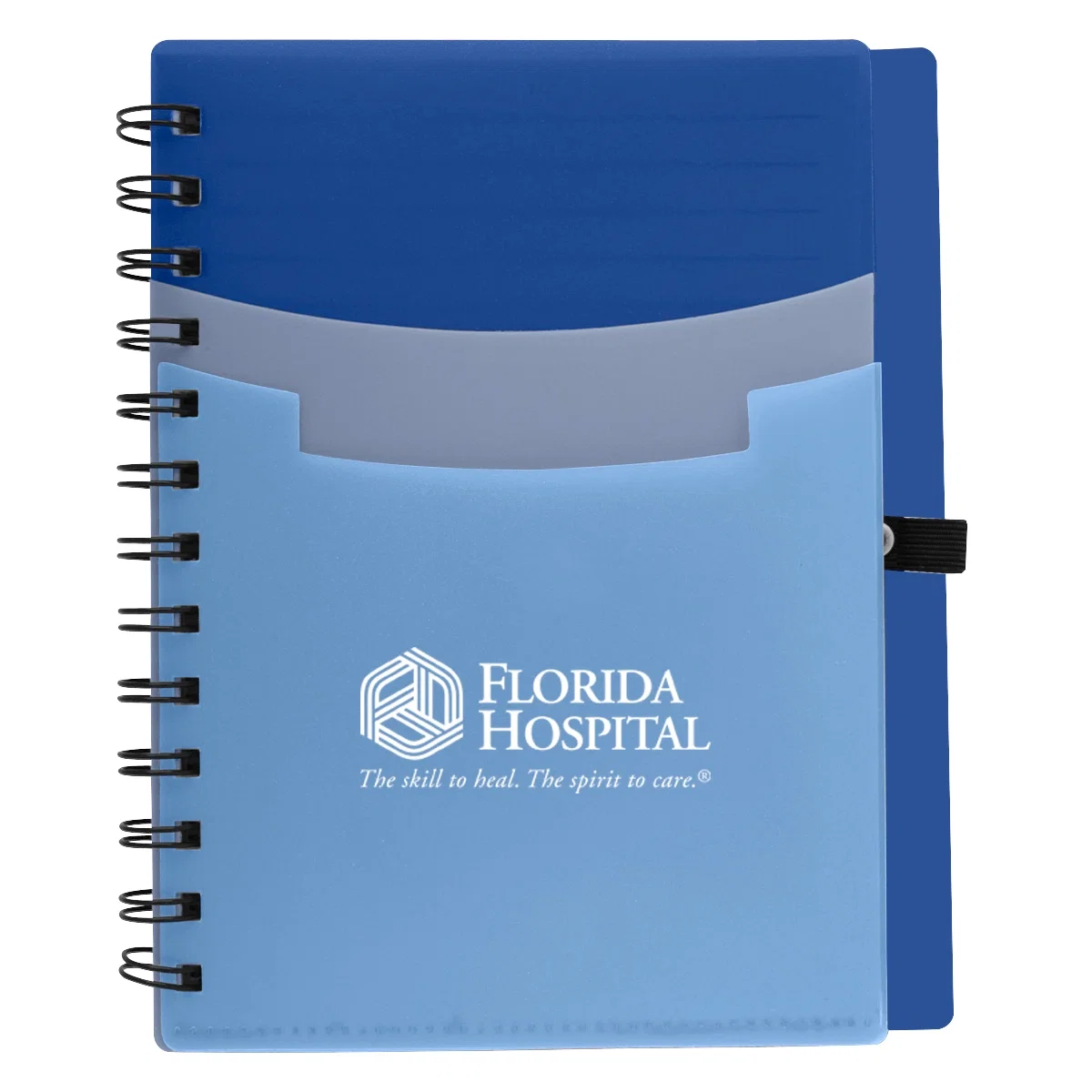 Tri-pocket notebook measuring five by seven inches, closed and lying flat