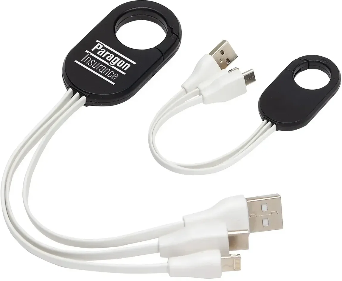Triad 3-in-1 carabiner charging cable, custom branded promotional tech giveaway, front view of clip