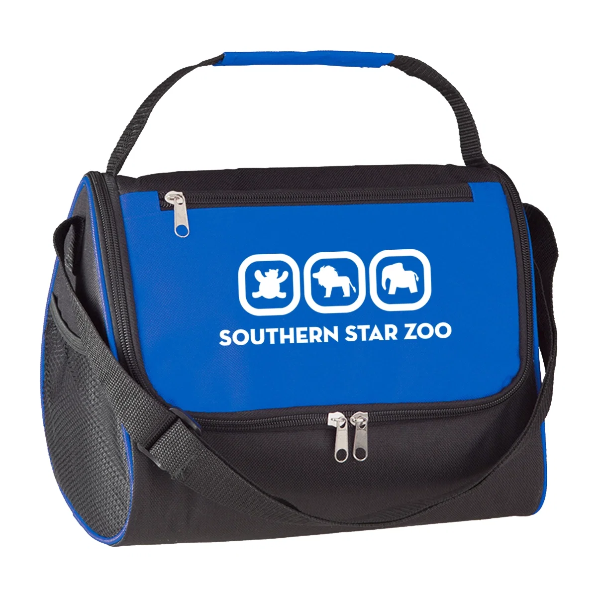 Triangle shaped cooler lunch bag in black with colored trim