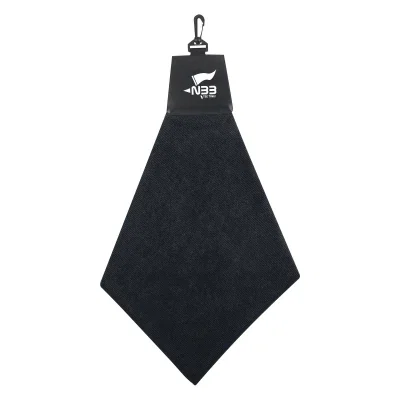 Triangle folded golf towel finished with a hanger at the point