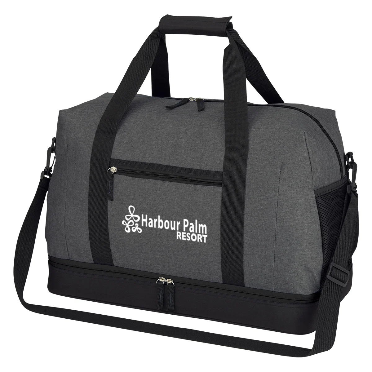 Gray duffel bag with contrast trim and a shoulder strap