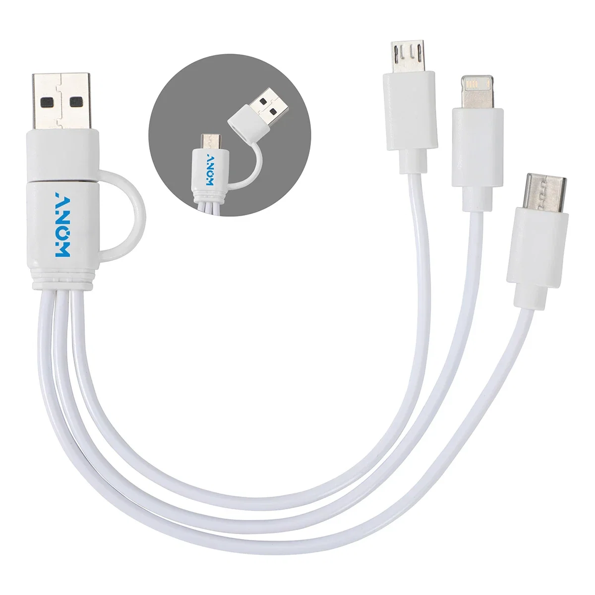 Custom Tribune 3-in-1 charging cable, front view of the branded cable set