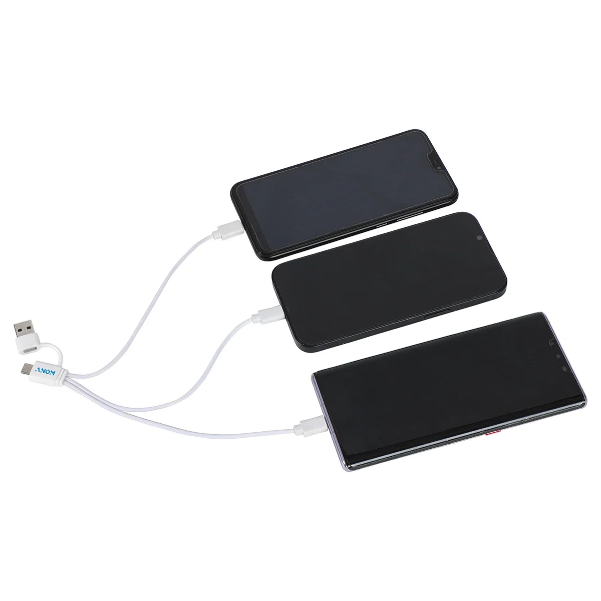 Tribune 3-in-1 charging cable in use, connected to a smartphone