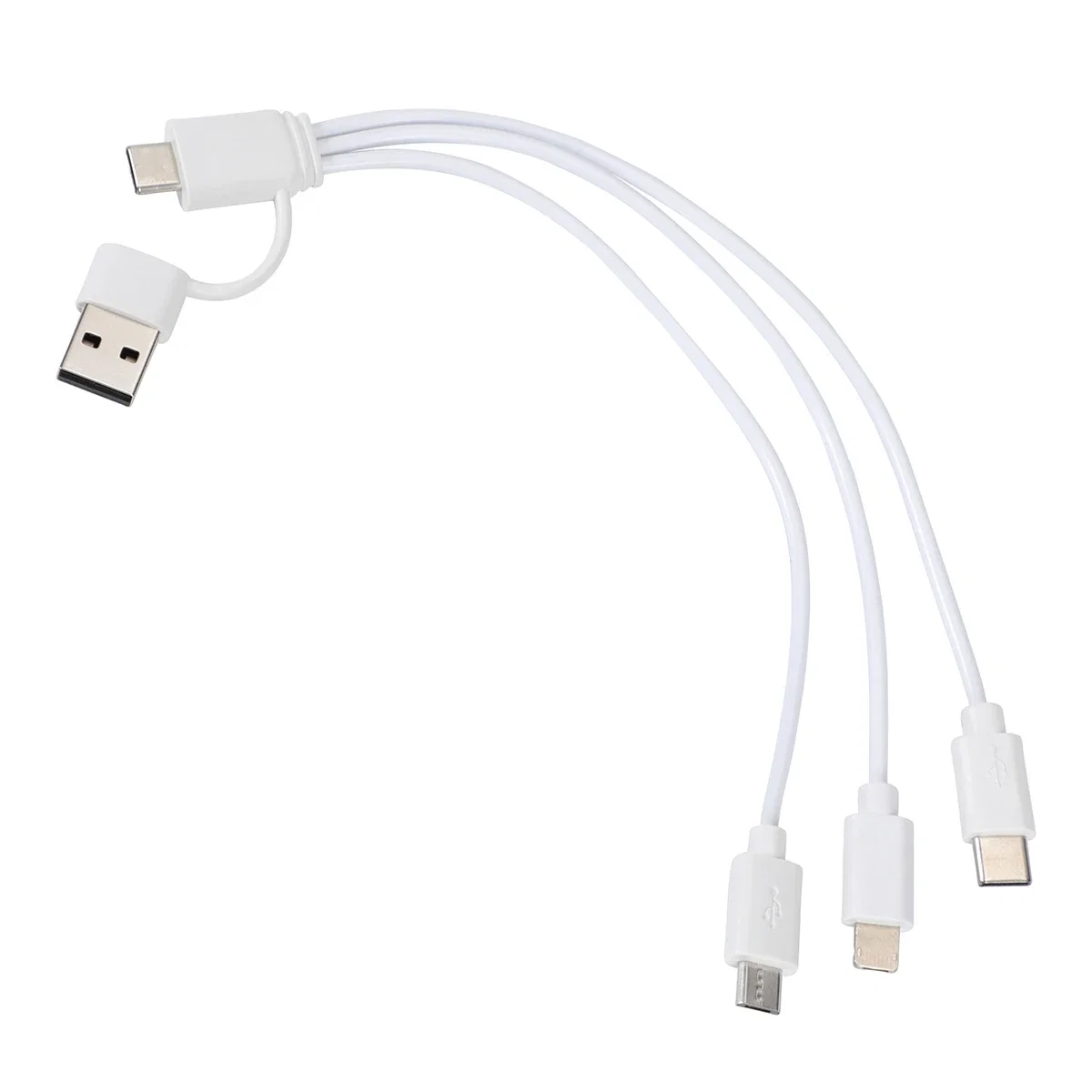 Angled view of the coiled Tribune charging cable showing all three connectors