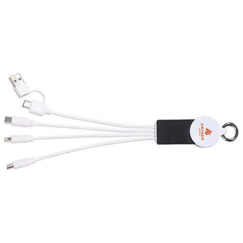 Tribute 4-in-1 custom branded charging cable powering a phone and smartwatch