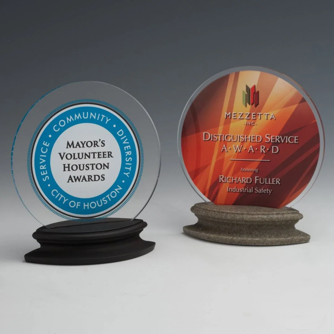 Custom Acrylic Disc Award on Stonecast Pediment Base for employee recognition