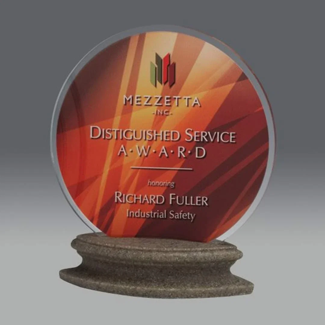 Custom Acrylic Disc Award on Stonecast Pediment Base for service anniversary gifts