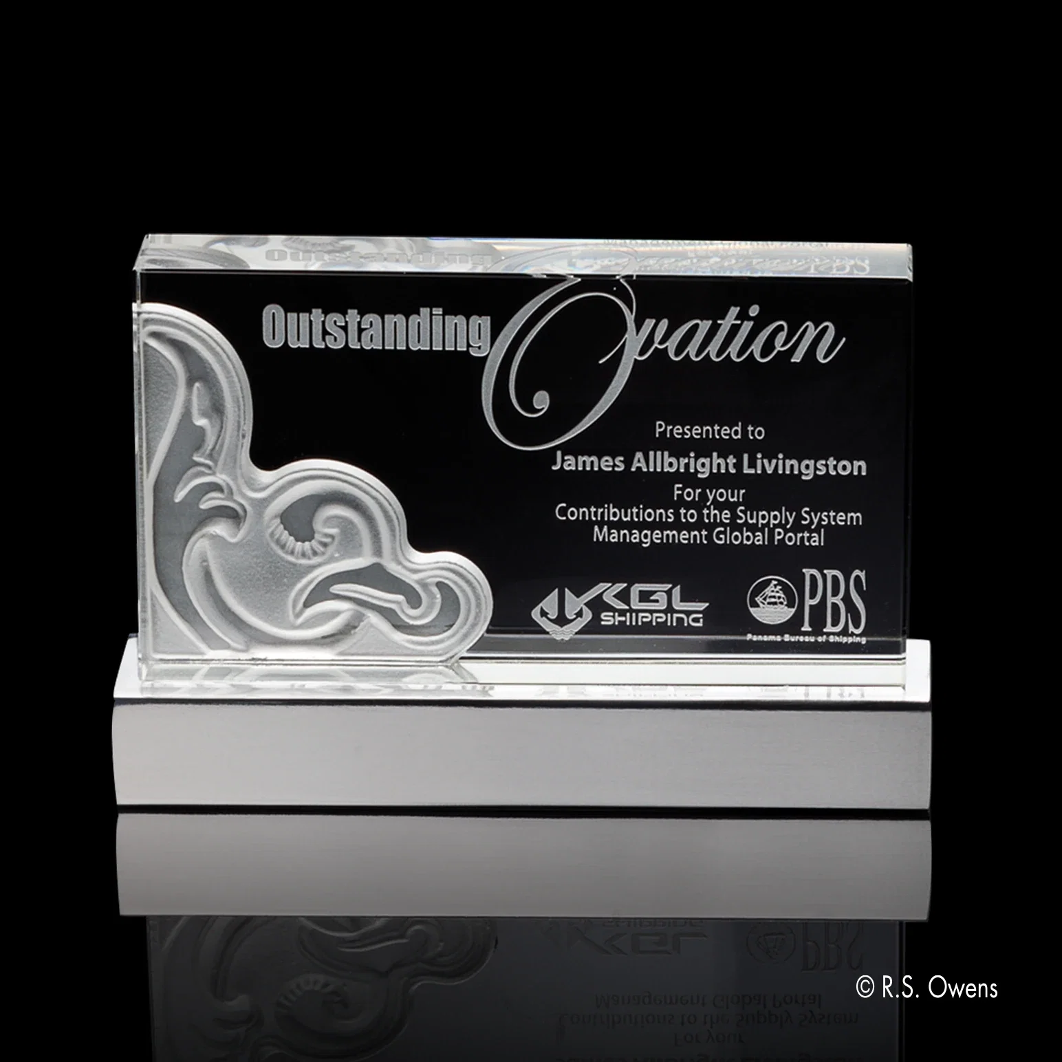 Custom Optical Crystal Award with Satin-Finish Carved Layers on Aluminum Base, metal awards for service anniversary gifts