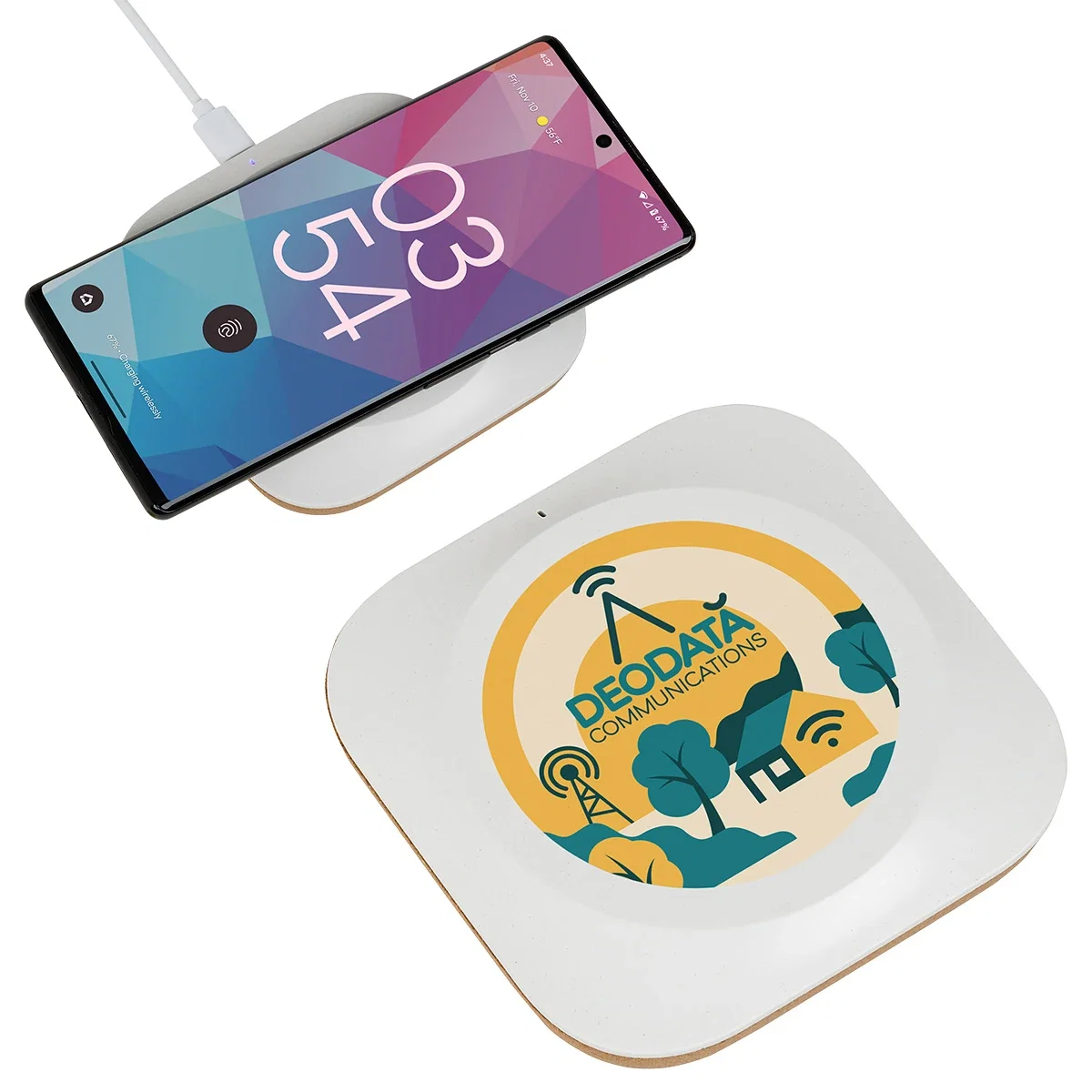 Custom Trident 15W Wireless Charger, front view of the cork-top charging pad