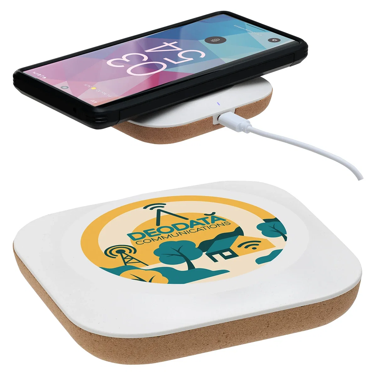 Trident Wireless Charger shown charging a smartphone, angled view of the cork surface