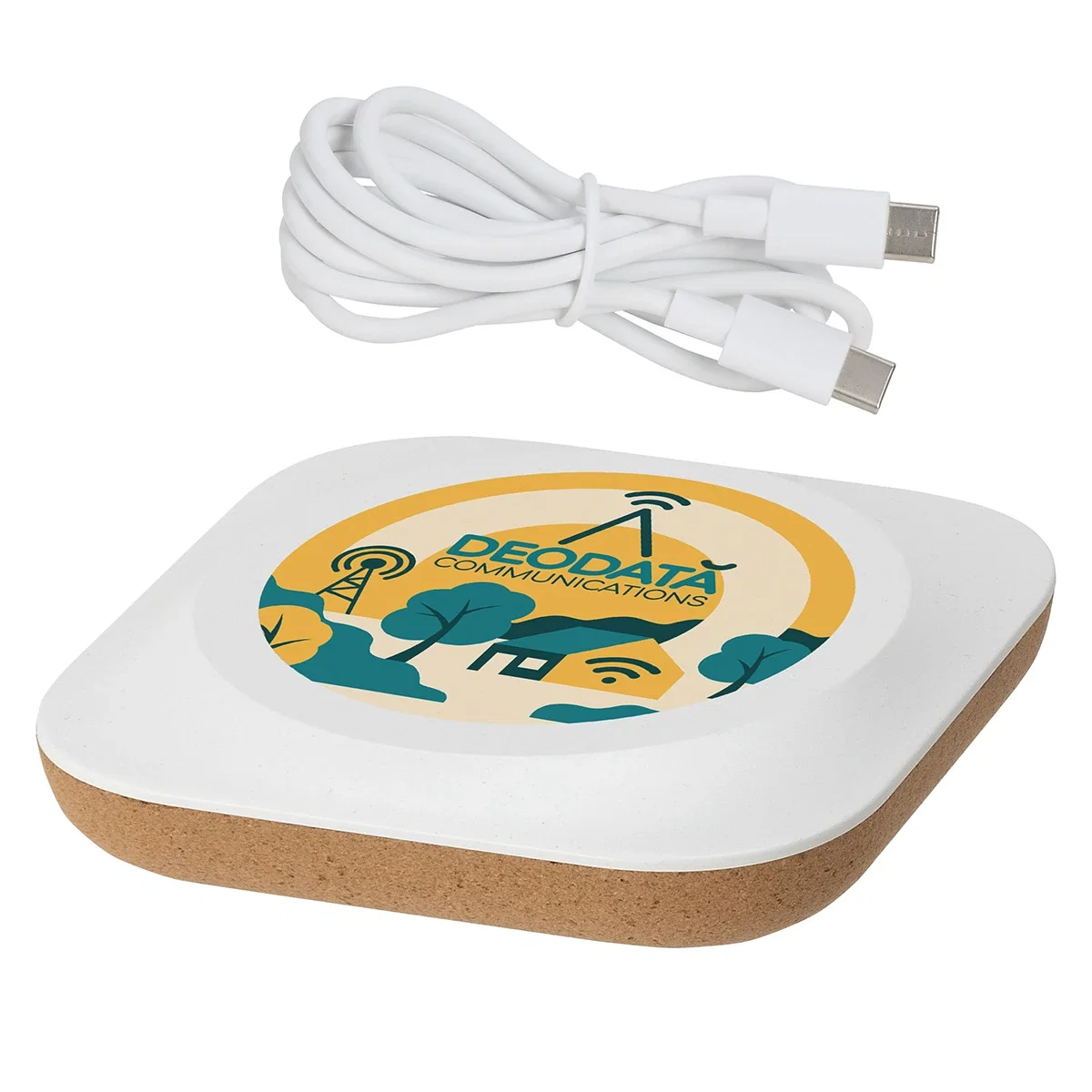 Close-up of the Trident charger's FSC-certified cork base and logo imprint area