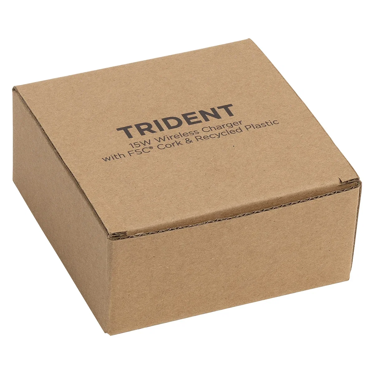 Retail packaging for the Trident 15W Wireless Charger made with cork and recycled plastic