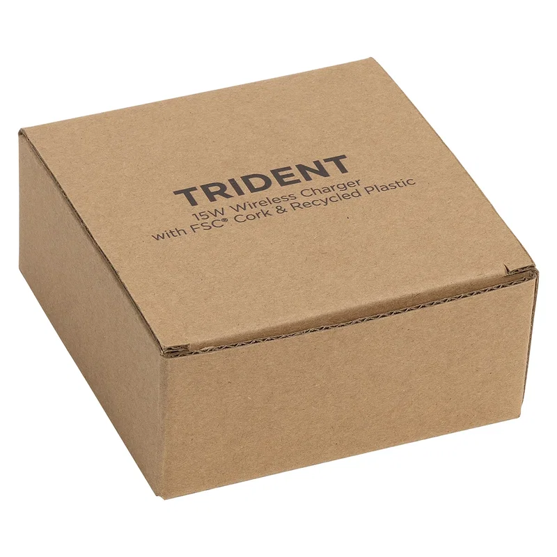 Retail packaging for the Trident 15W Wireless Charger made with cork and recycled plastic