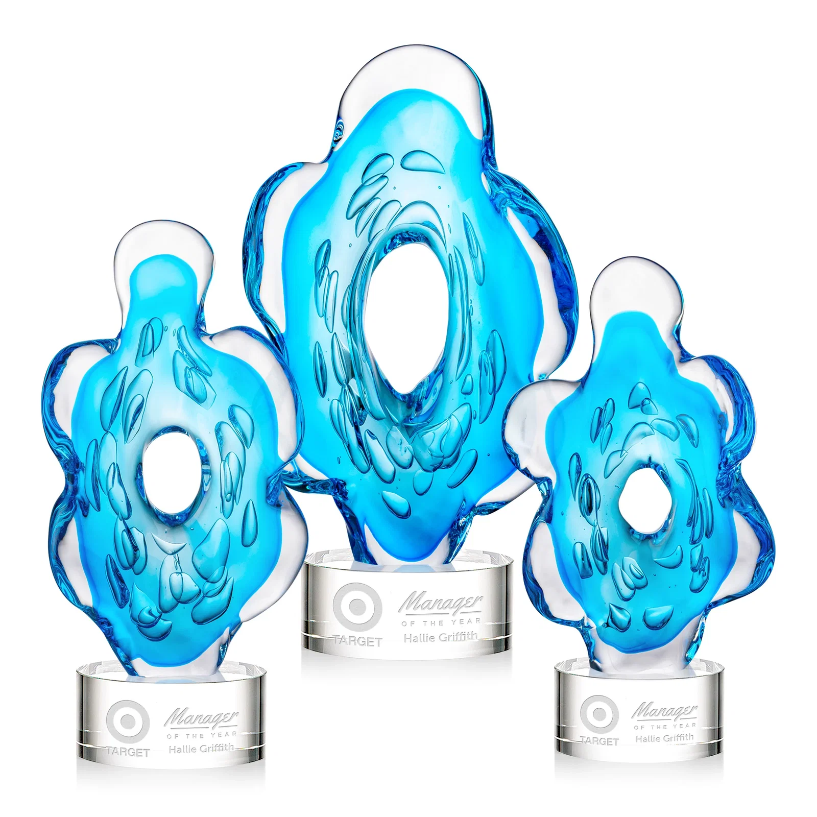 Custom Aqua Blue Petal-Form Art Glass Award with an Open Center for employee recognition