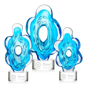 Aqua Blue Petal-Form Art Glass Award with an Open Center