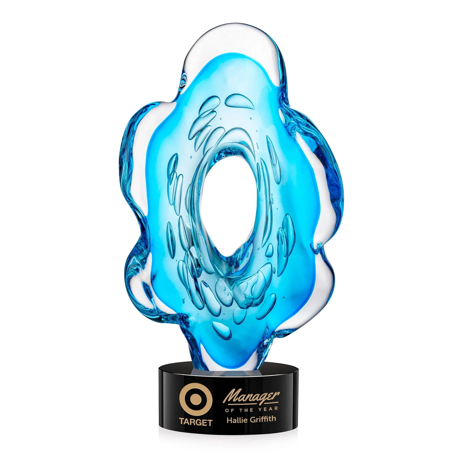 Custom Aqua Blue Petal-Form Art Glass Award with an Open Center for volunteer appreciation