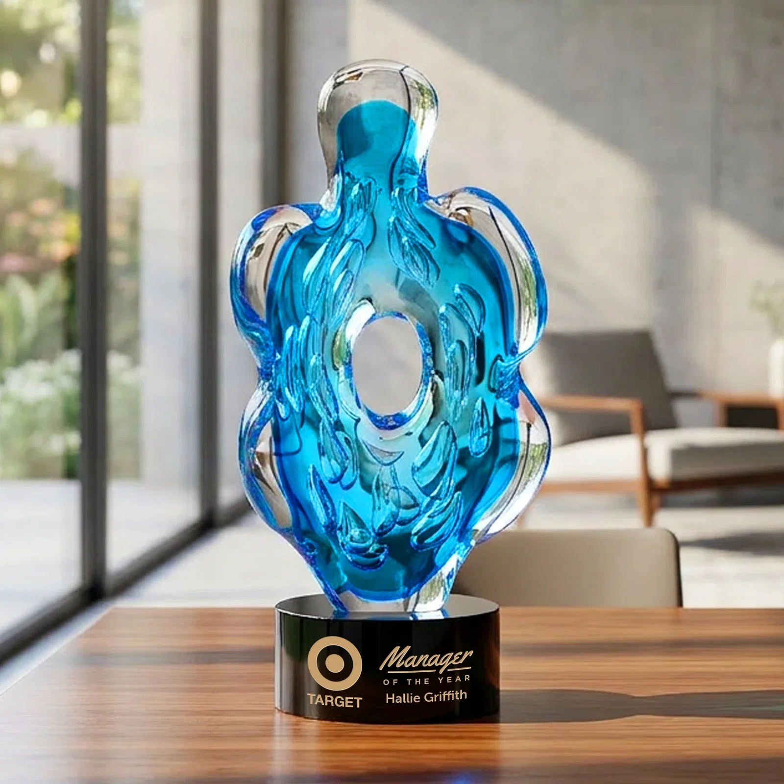 Custom Aqua Blue Petal-Form Art Glass Award with an Open Center for dealer and partner awards