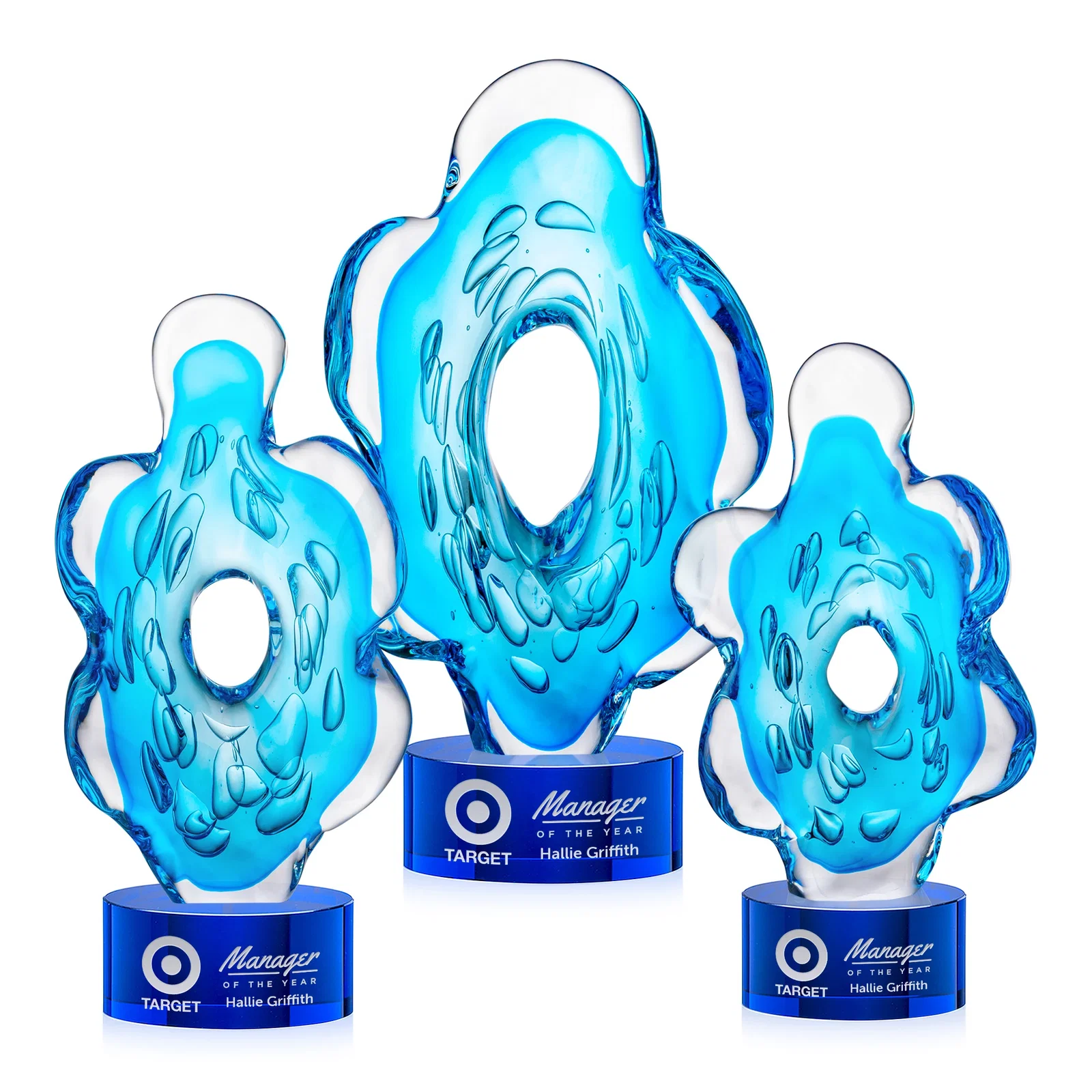Custom Aqua Blue Petal-Form Art Glass Award with an Open Center for company anniversary events