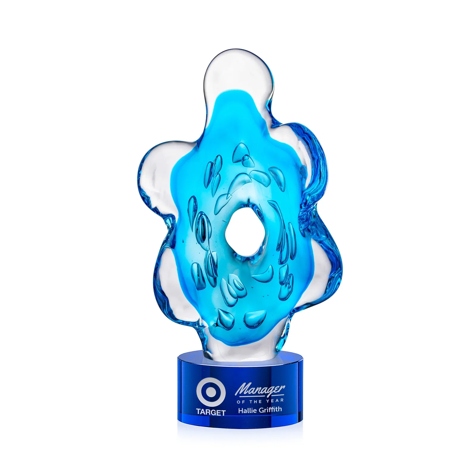 Personalized Aqua Blue Petal-Form Art Glass Award with an Open Center for employee recognition