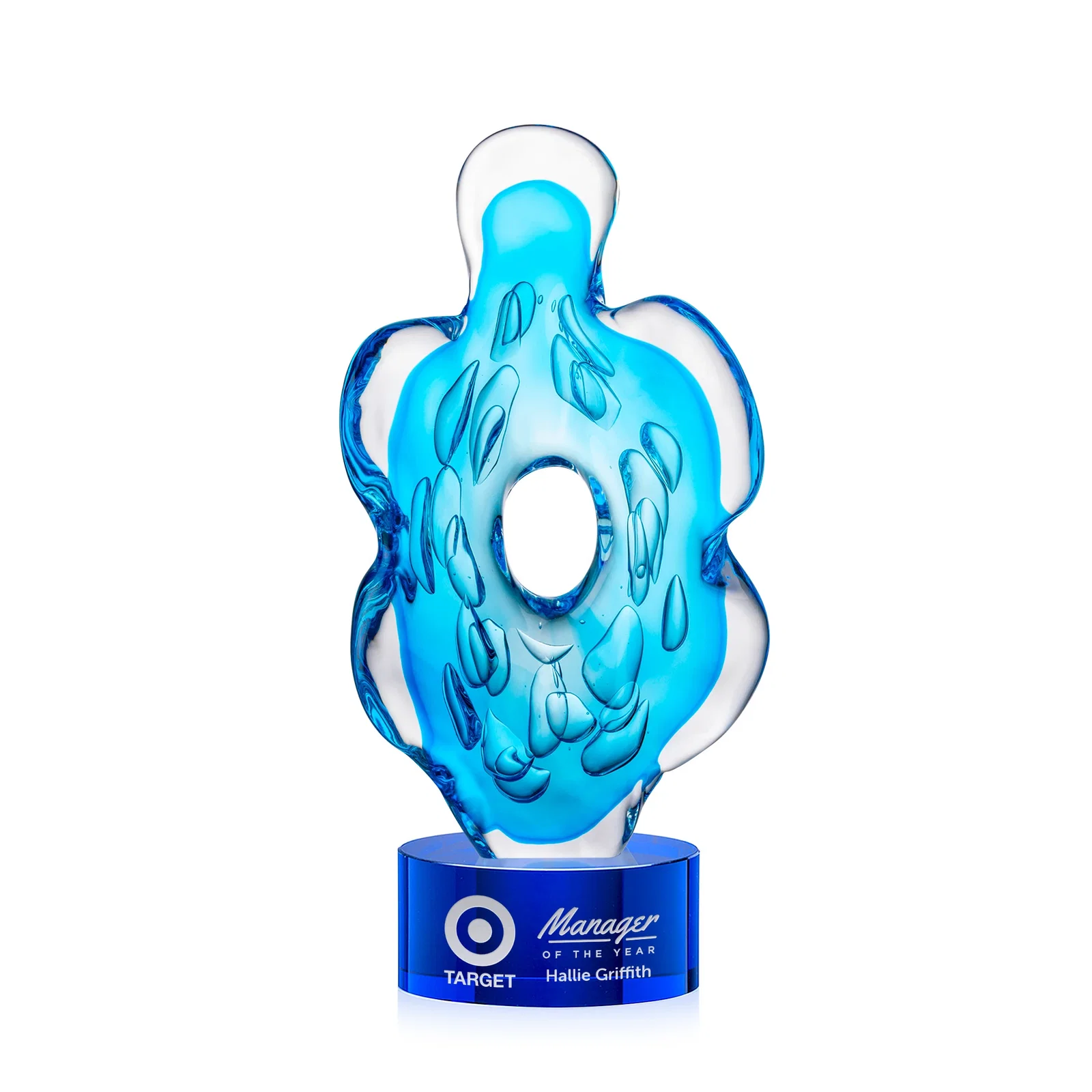 Personalized Aqua Blue Petal-Form Art Glass Award with an Open Center for corporate award ceremonies