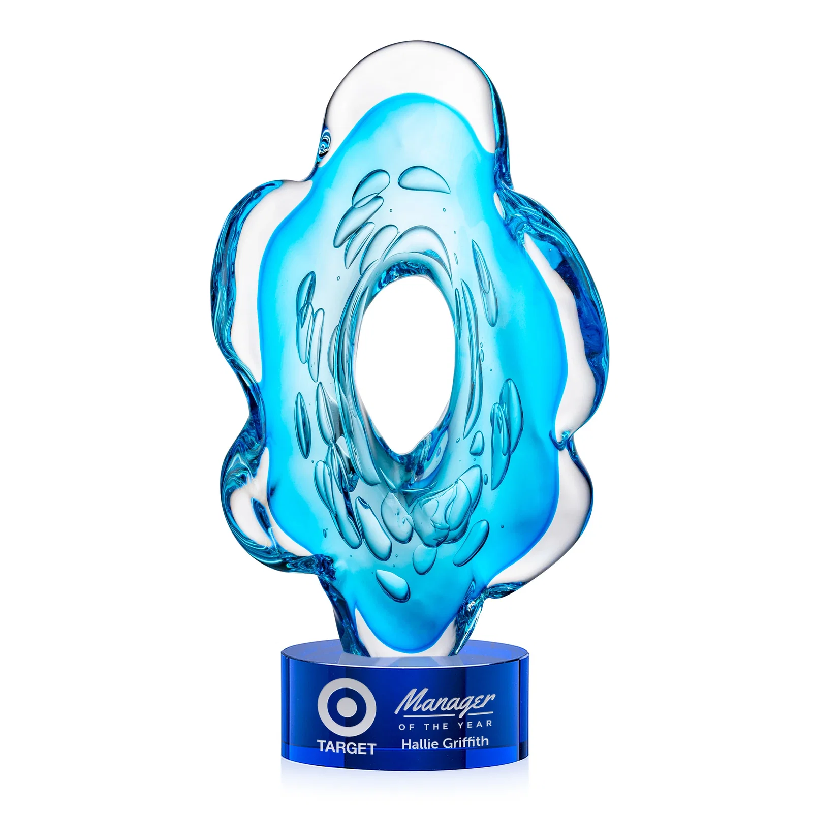 Personalized Aqua Blue Petal-Form Art Glass Award with an Open Center for service anniversary gifts