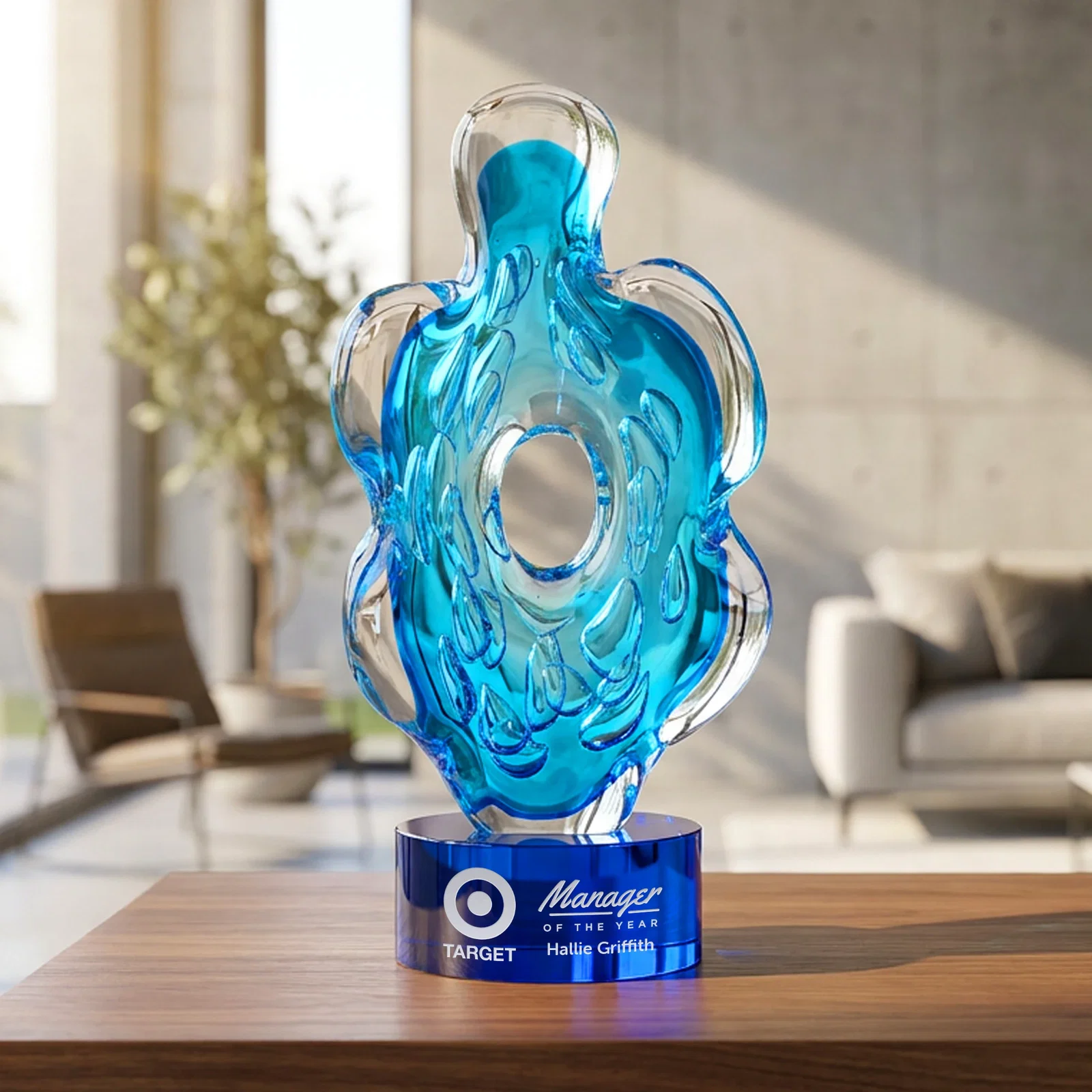 Personalized Aqua Blue Petal-Form Art Glass Award with an Open Center for sales achievement awards