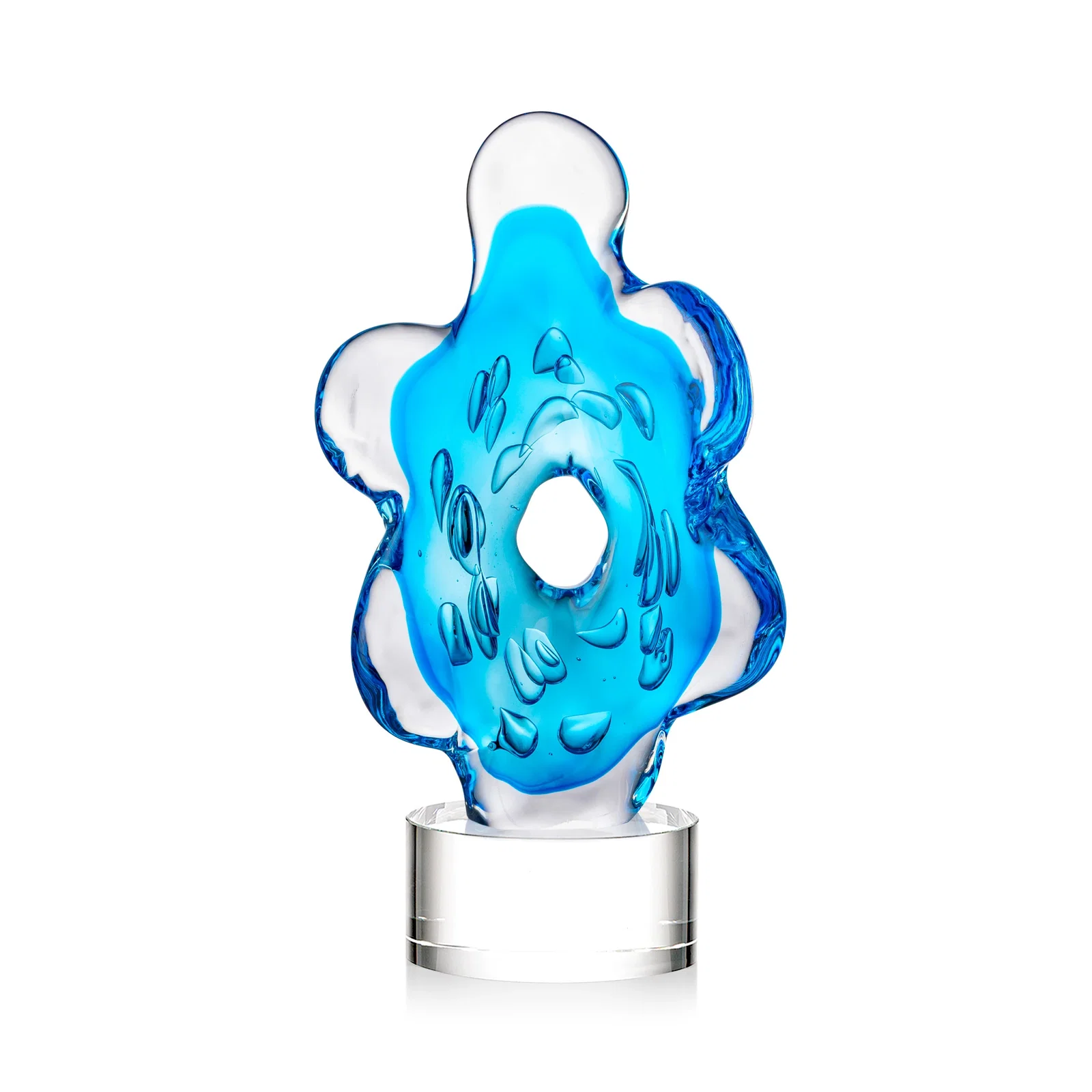 Personalized Aqua Blue Petal-Form Art Glass Award with an Open Center for retirement presentations