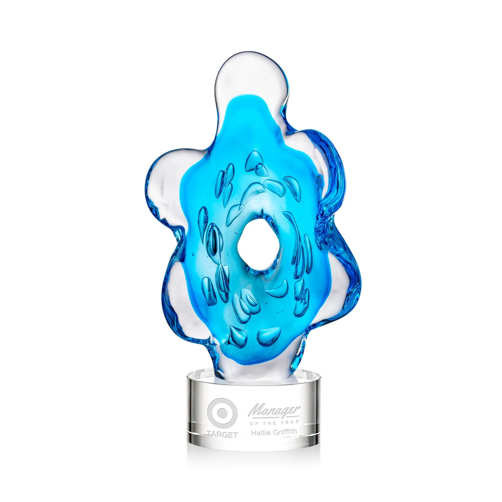 Custom Aqua Blue Petal-Form Art Glass Award with an Open Center for corporate award ceremonies