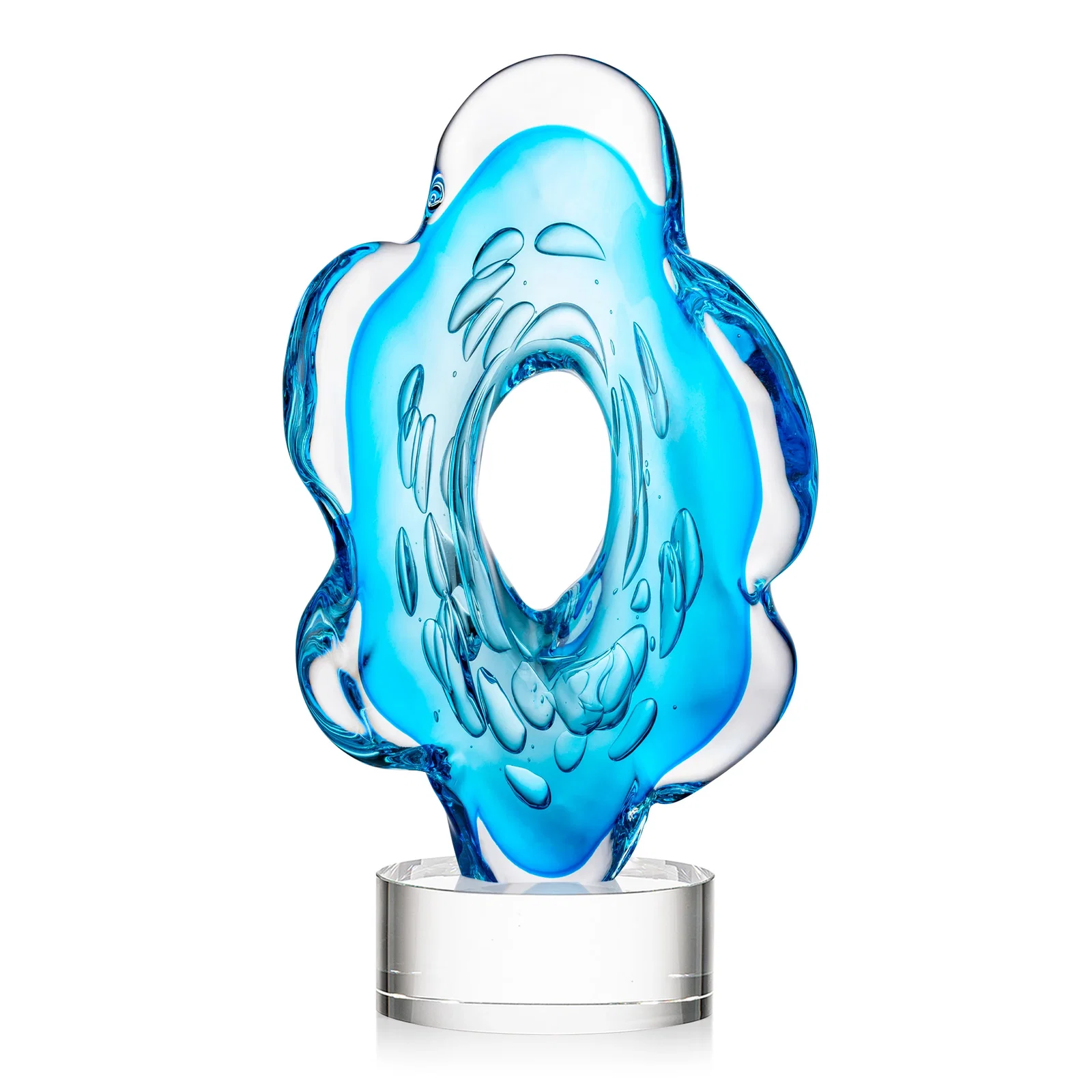 Personalized Aqua Blue Petal-Form Art Glass Award with an Open Center for donor appreciation