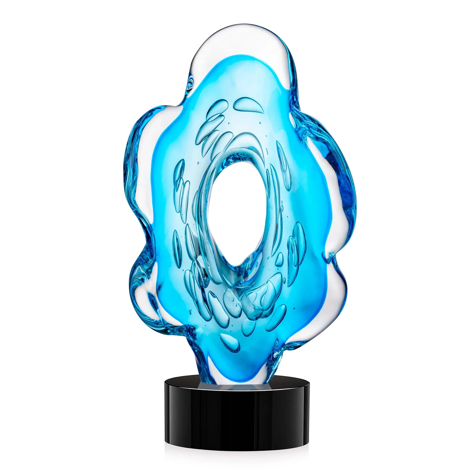 Personalized Aqua Blue Petal-Form Art Glass Award with an Open Center for volunteer appreciation