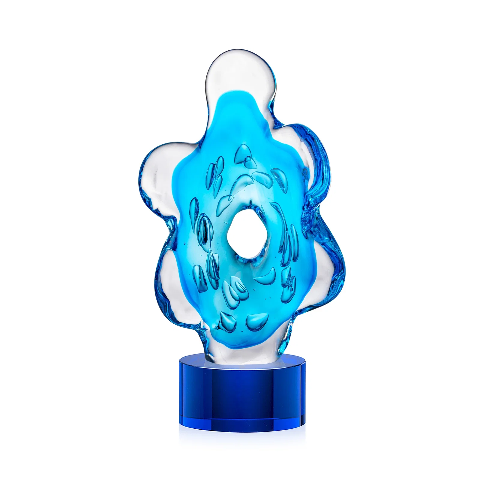 Personalized Aqua Blue Petal-Form Art Glass Award with an Open Center for dealer and partner awards