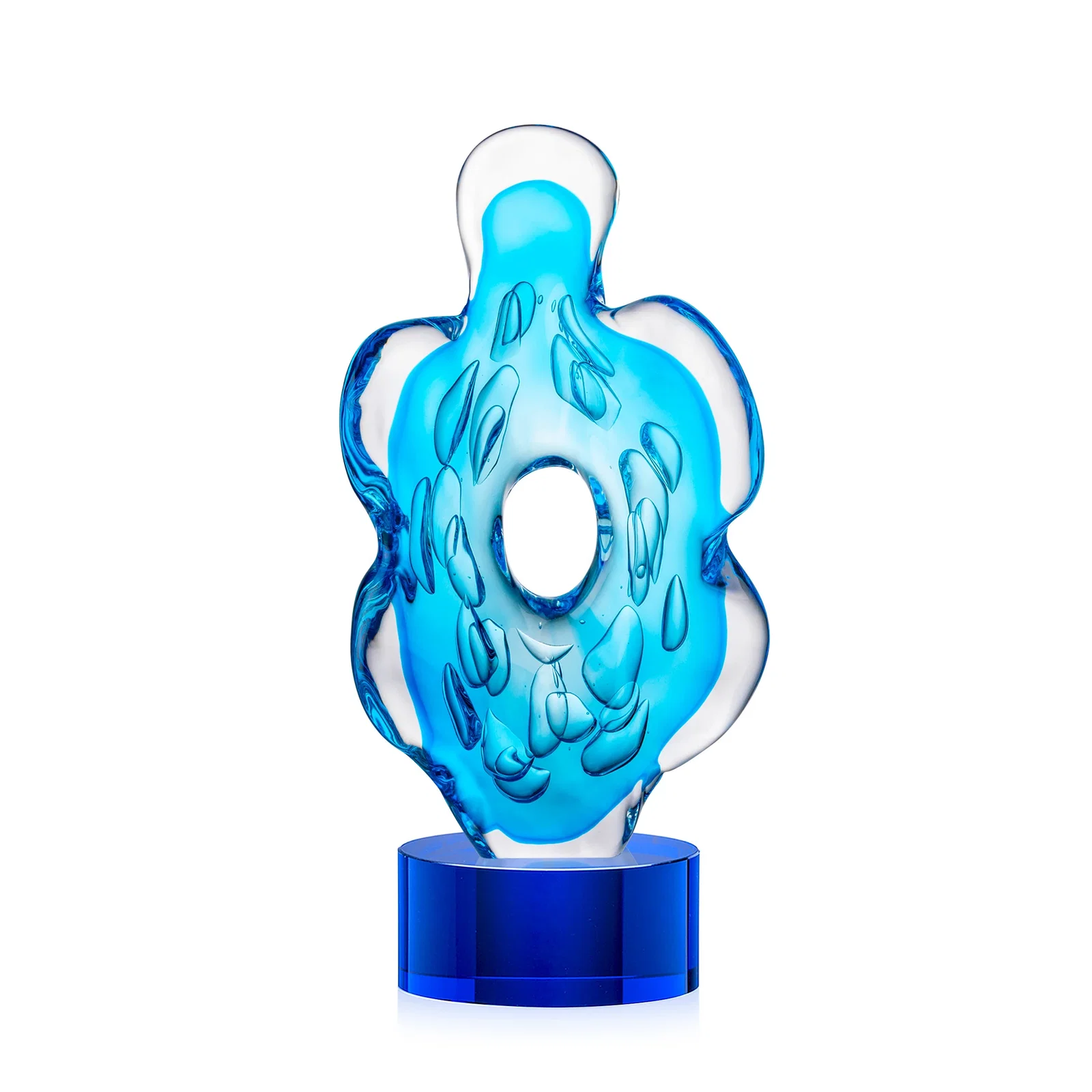 Personalized Aqua Blue Petal-Form Art Glass Award with an Open Center for company anniversary events