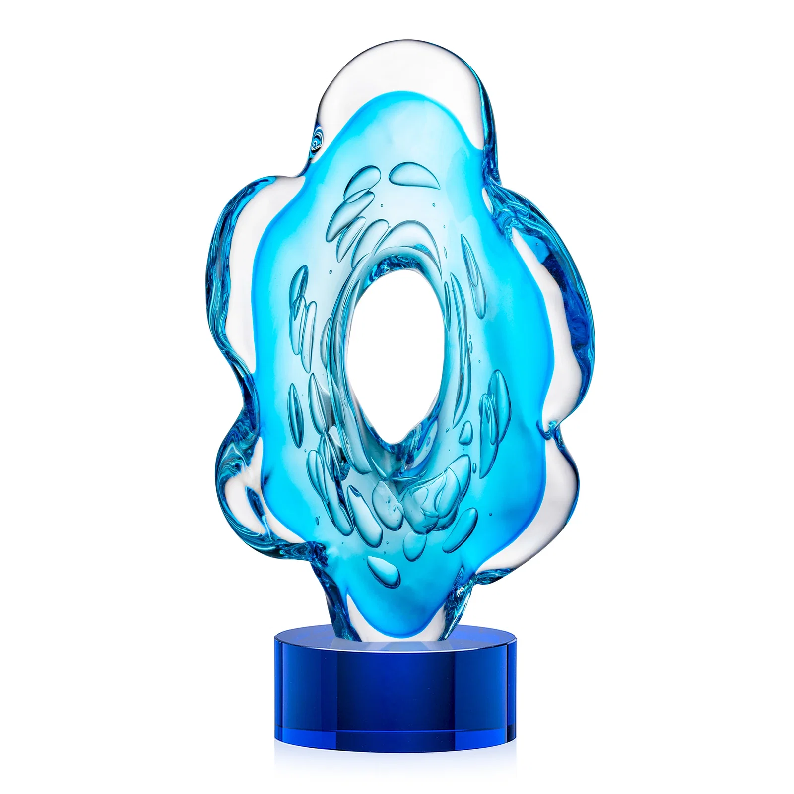 Promotional Aqua Blue Petal-Form Art Glass Award with an Open Center for employee recognition