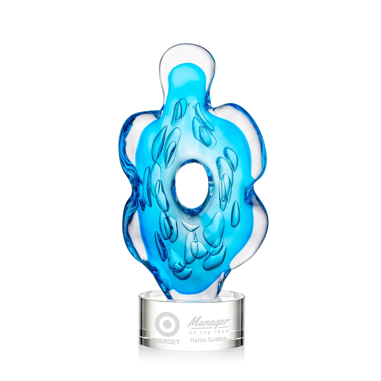 Custom Aqua Blue Petal-Form Art Glass Award with an Open Center for service anniversary gifts