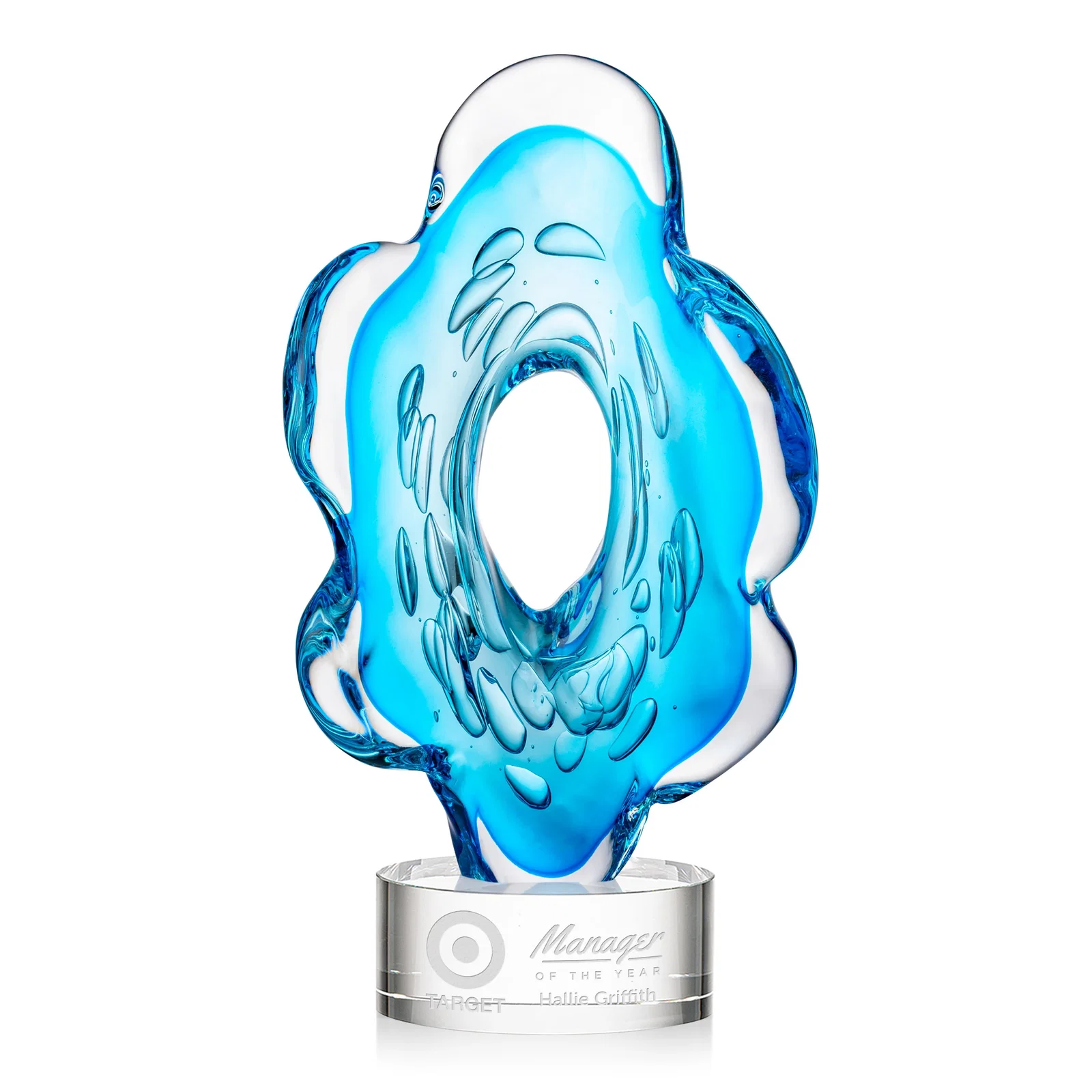 Custom Aqua Blue Petal-Form Art Glass Award with an Open Center for sales achievement awards