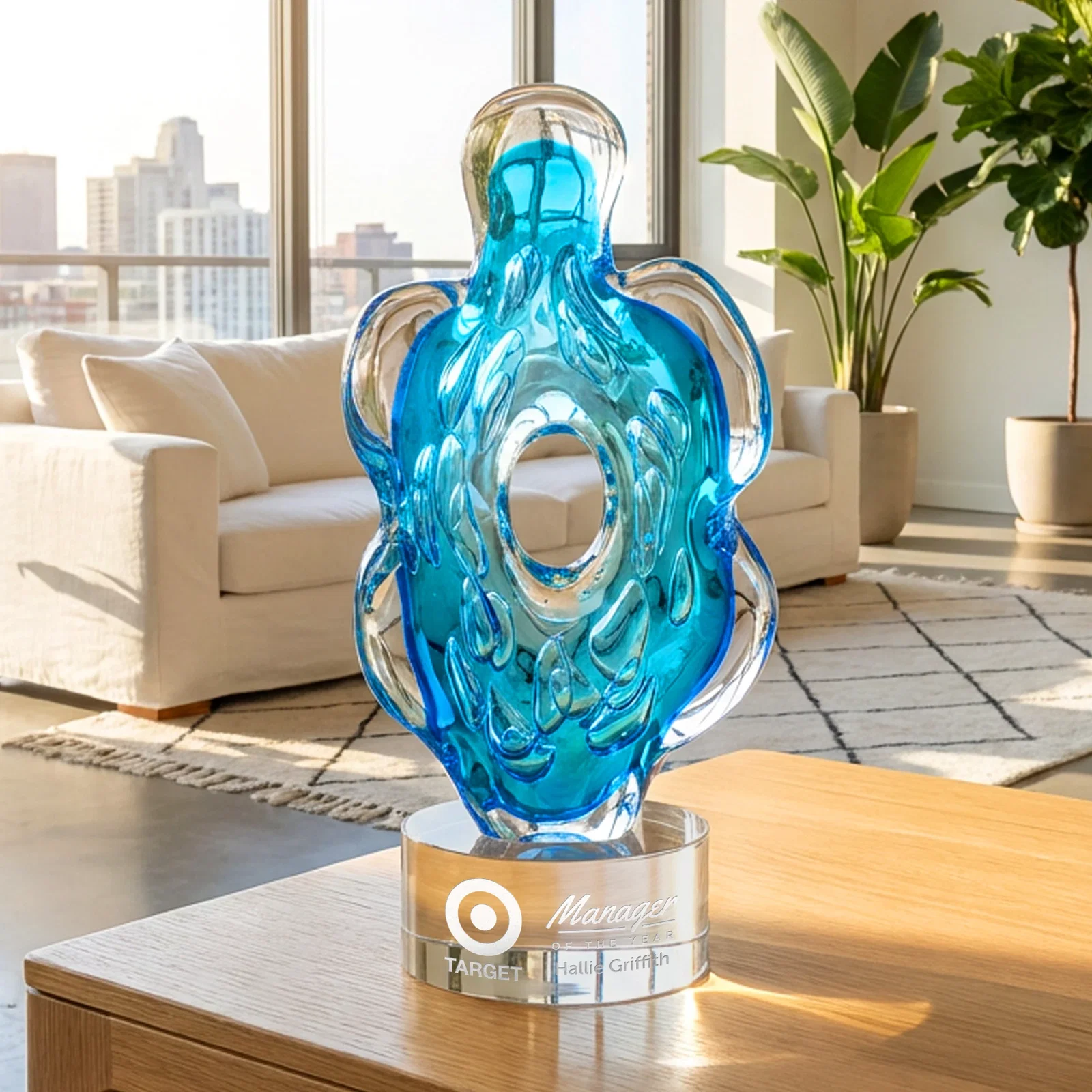 Custom Aqua Blue Petal-Form Art Glass Award with an Open Center for team milestone celebrations