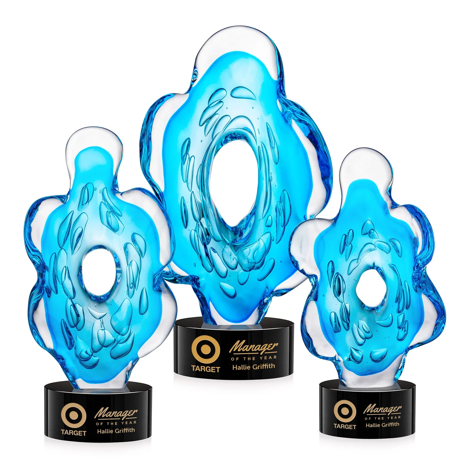 Custom Aqua Blue Petal-Form Art Glass Award with an Open Center for donor appreciation