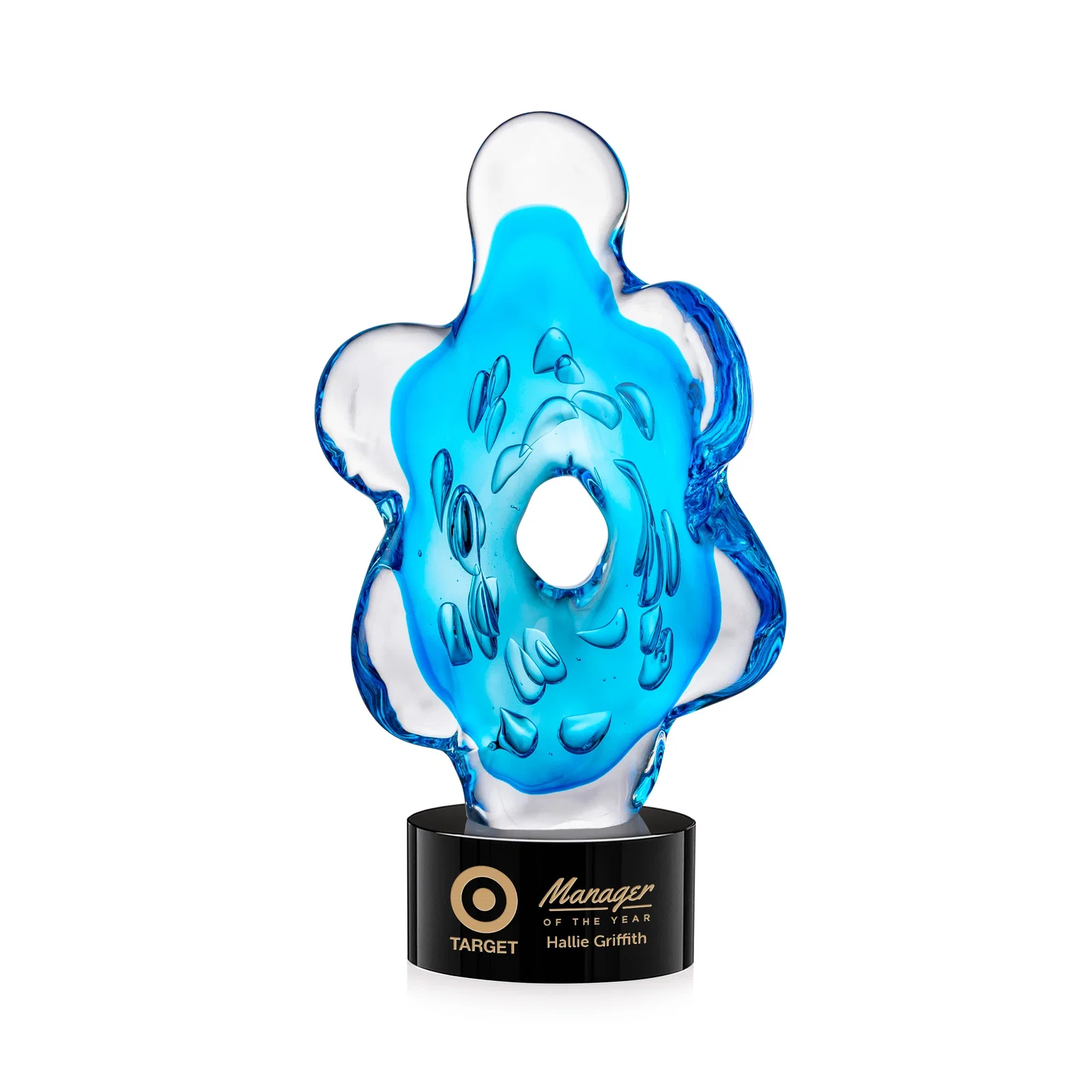 Custom Aqua Blue Petal-Form Art Glass Award with an Open Center for graduation ceremonies