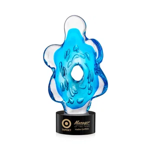 Aqua Blue Petal-Form Art Glass Award with an Open Center
