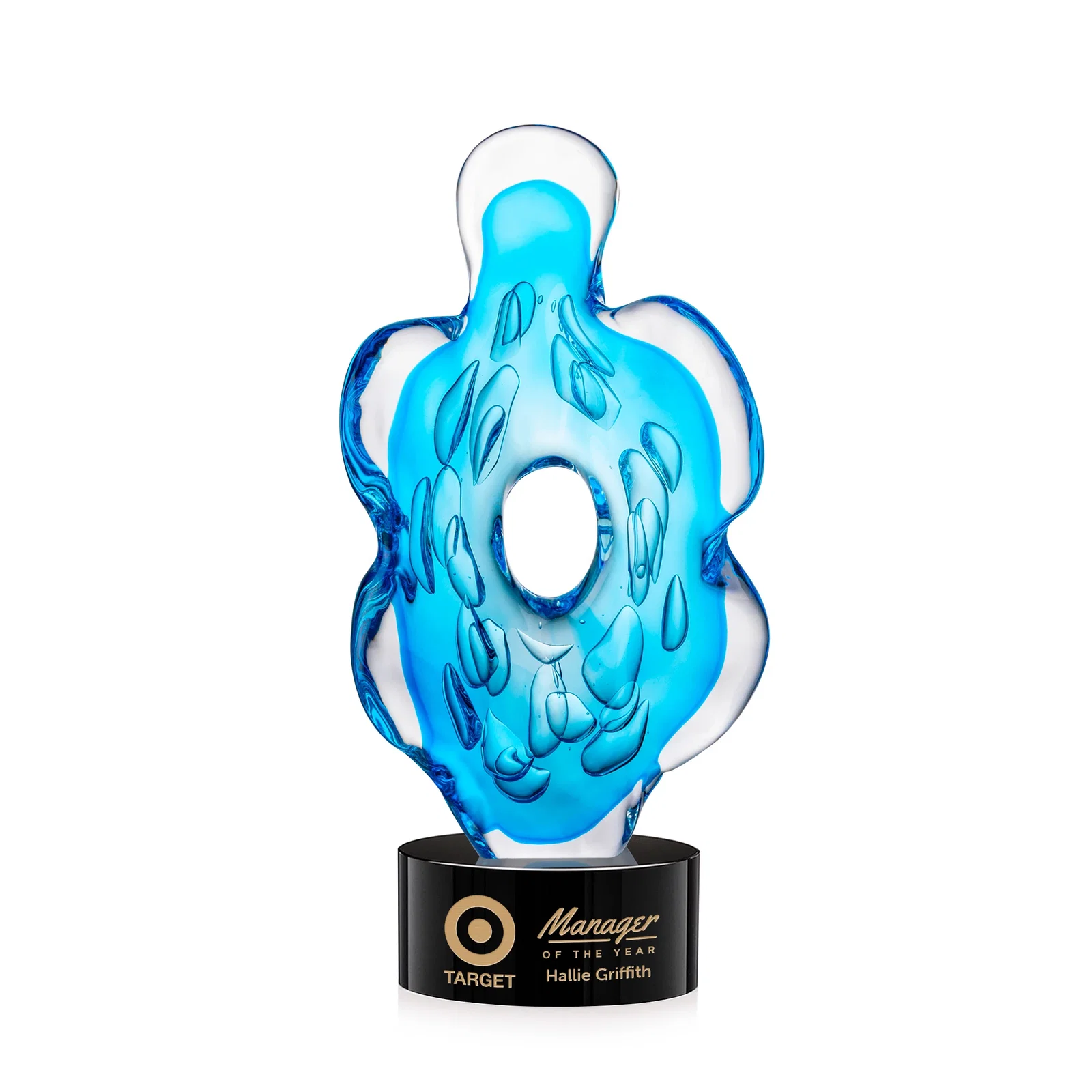 Custom Aqua Blue Petal-Form Art Glass Award with an Open Center for safety achievement programs