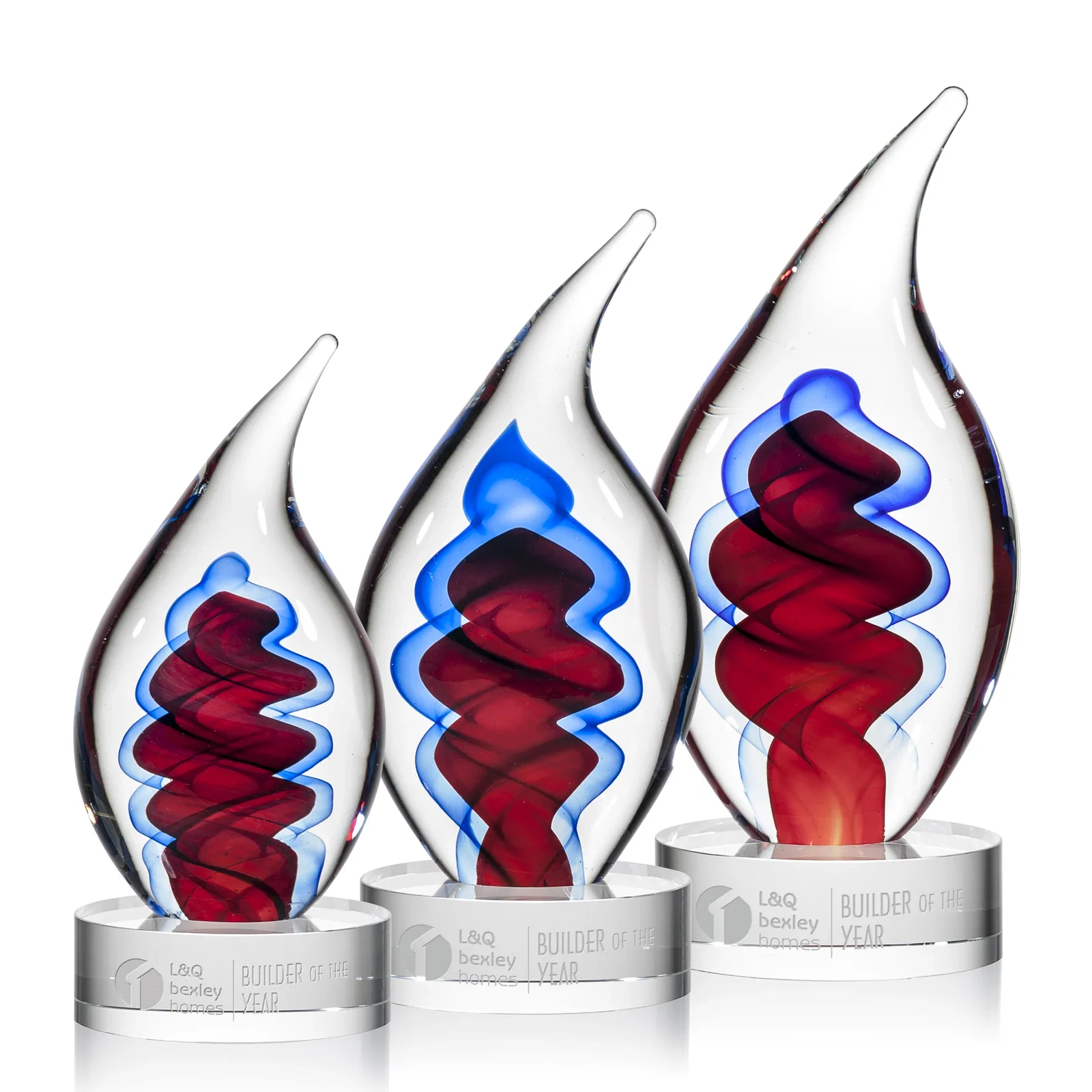 Custom Glass Flame Award in Blue, Clear, or Red for employee recognition