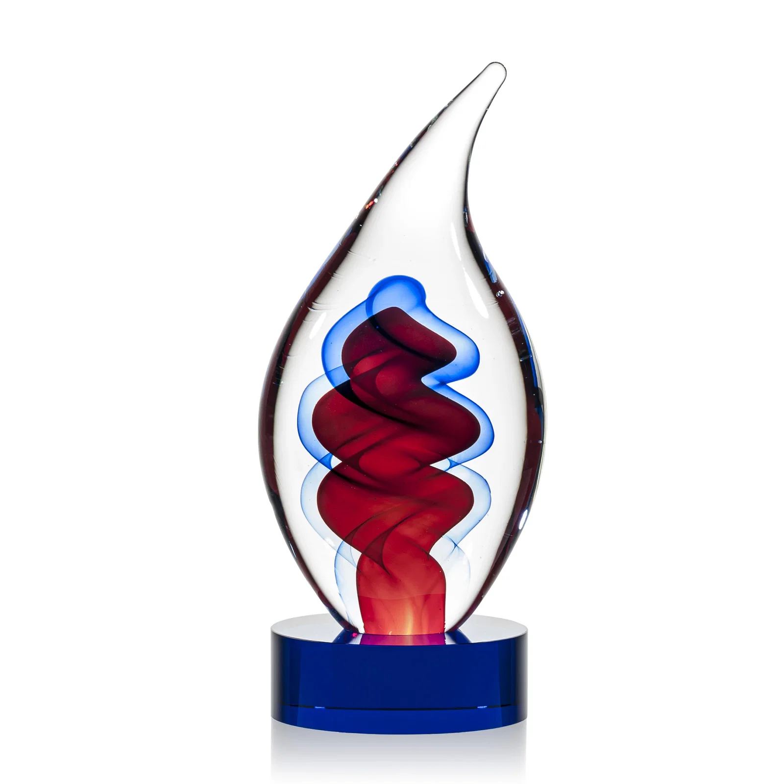 Personalized Glass Flame Award in Blue, Clear, or Red for corporate award ceremonies