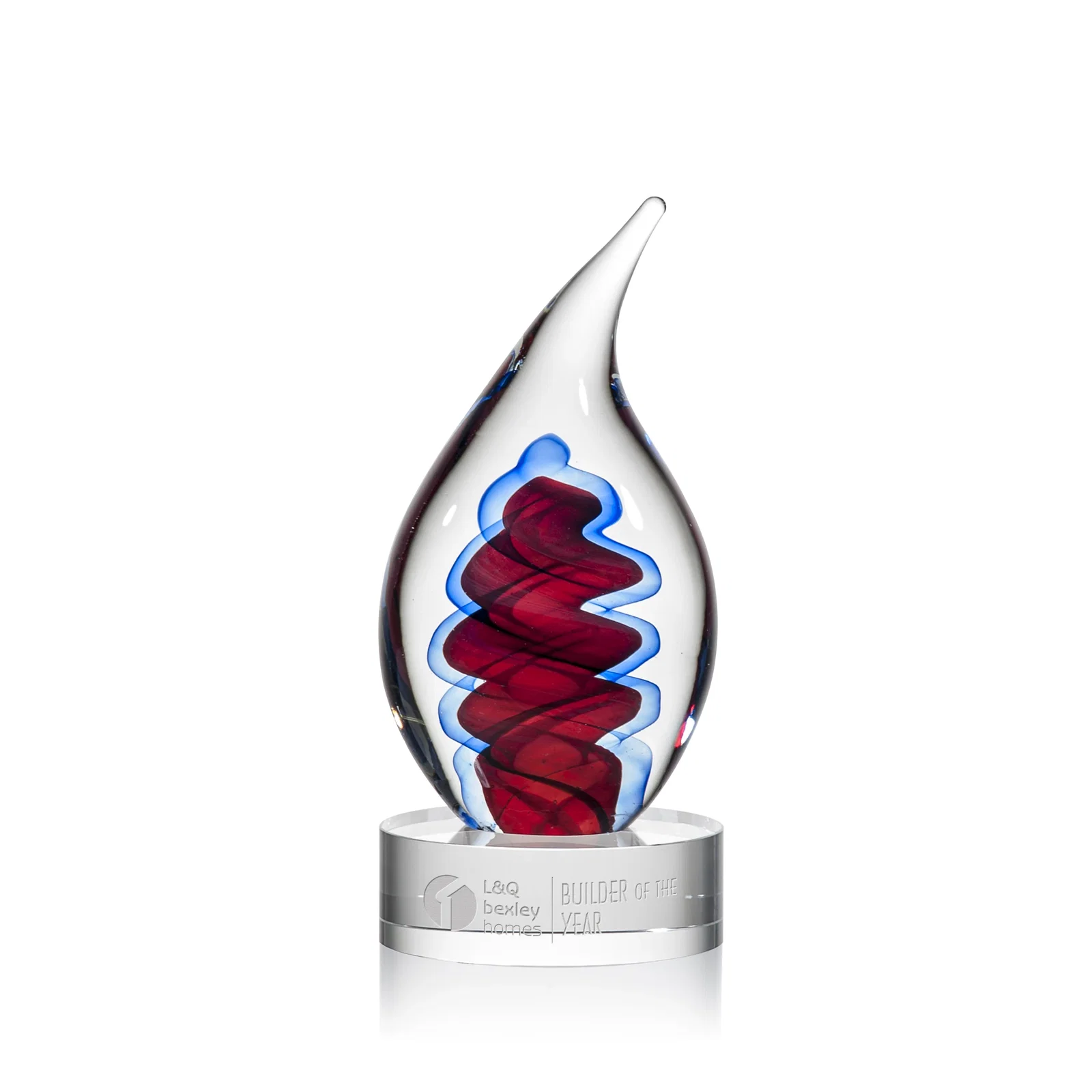 Custom Glass Flame Award in Blue, Clear, or Red for corporate award ceremonies