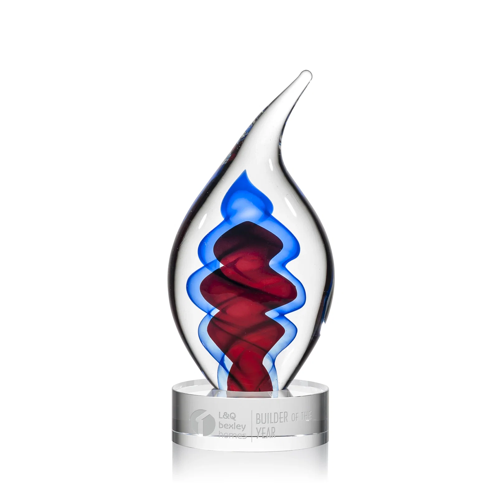 Custom Glass Flame Award in Blue, Clear, or Red for service anniversary gifts