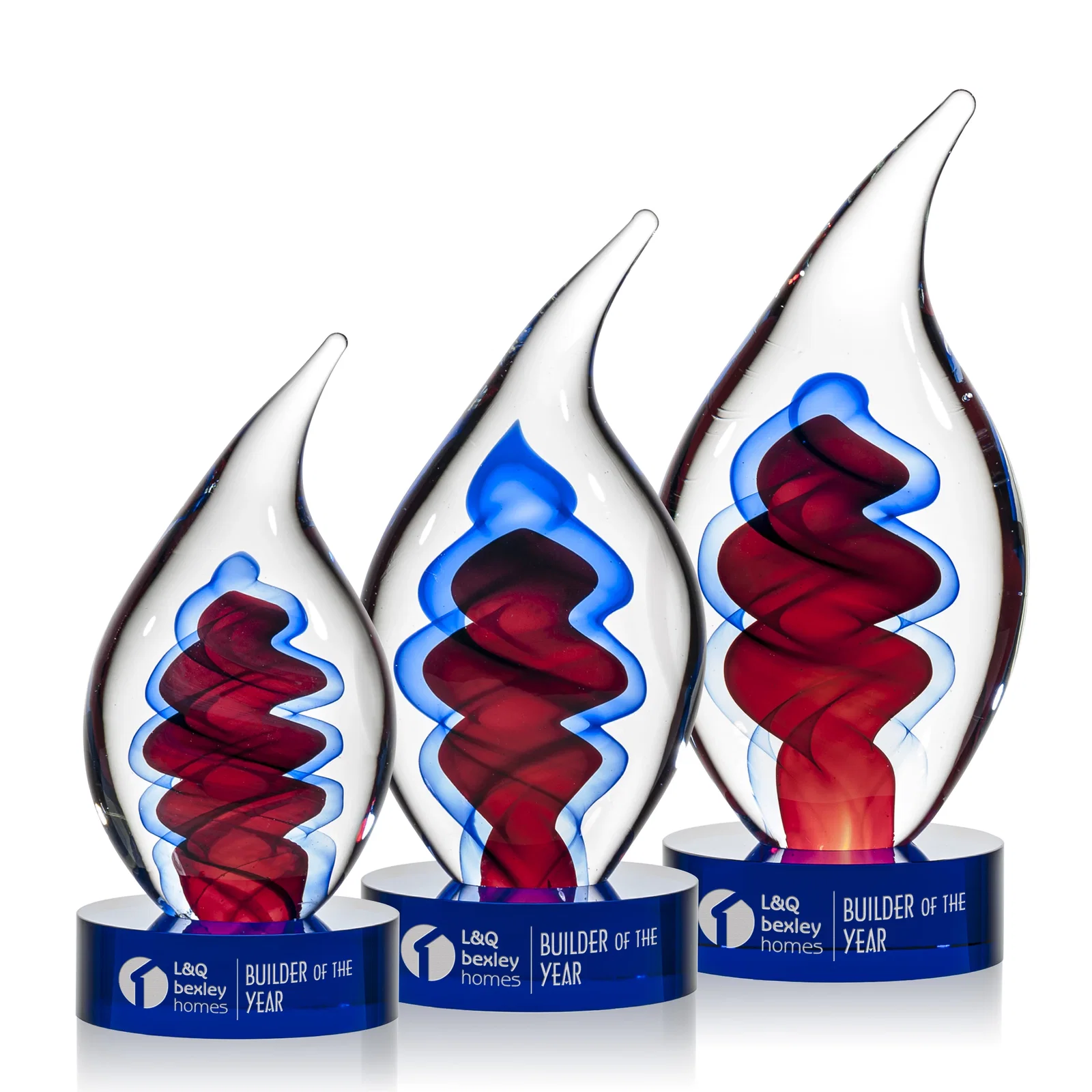 Custom Glass Flame Award in Blue, Clear, or Red for retirement presentations